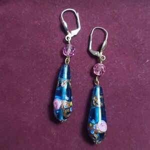 Vintage Handpainted Rose Beaded  Drop Earrings Blue and Pink